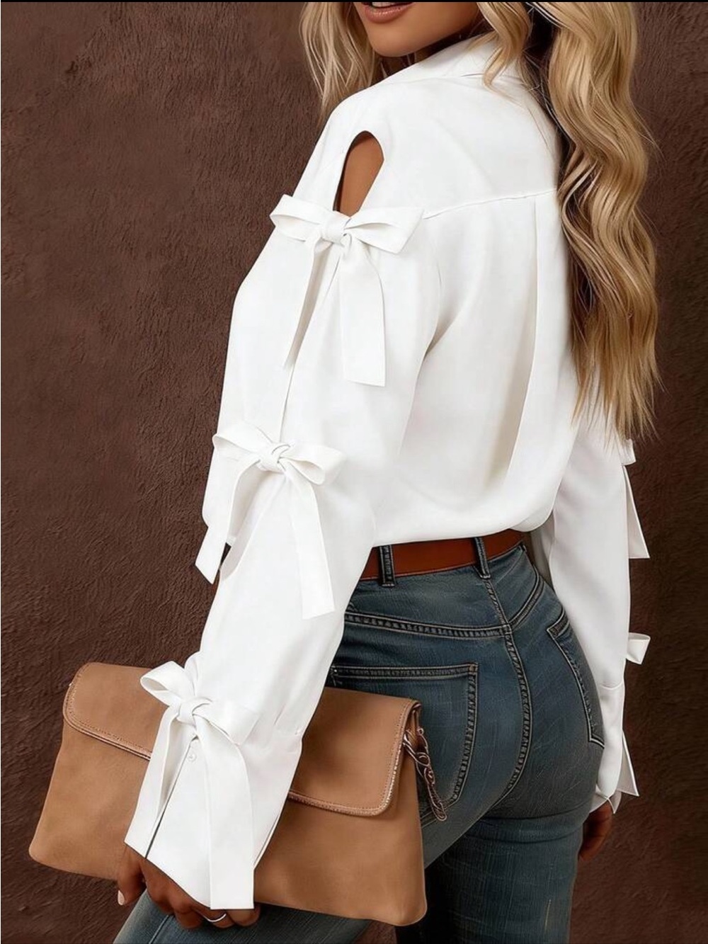 Women's Cream Bow-Tie Sleeve Button-Up Top - Picture 2 of 6